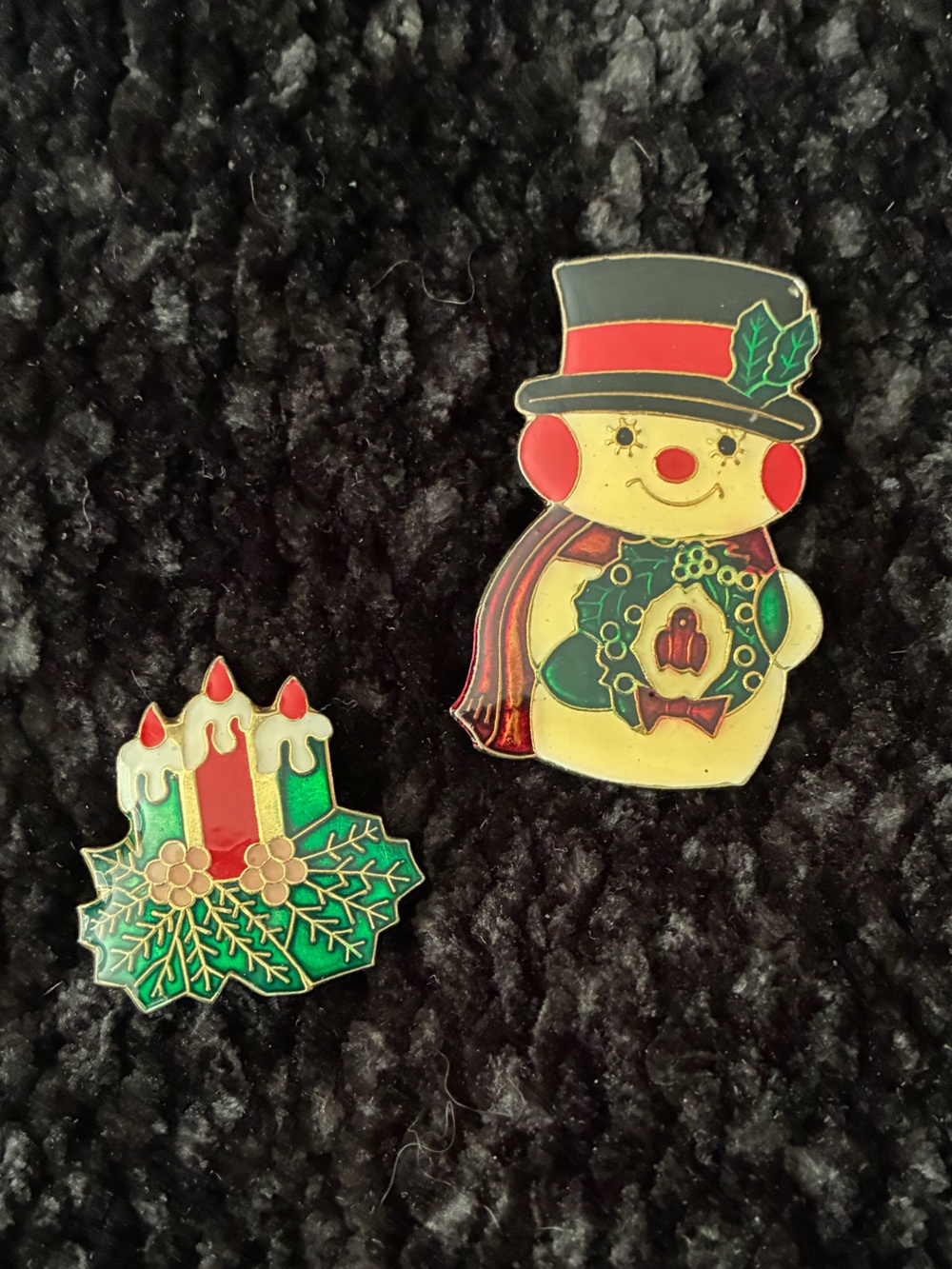 Vintage enamel Festive Snowman and Candle Holiday Pins - Green, Red, Cream retro